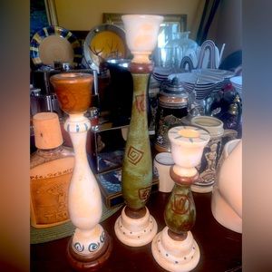Set of 3 Hand Painted Wooden Candlesticks by Anita Rosenberg